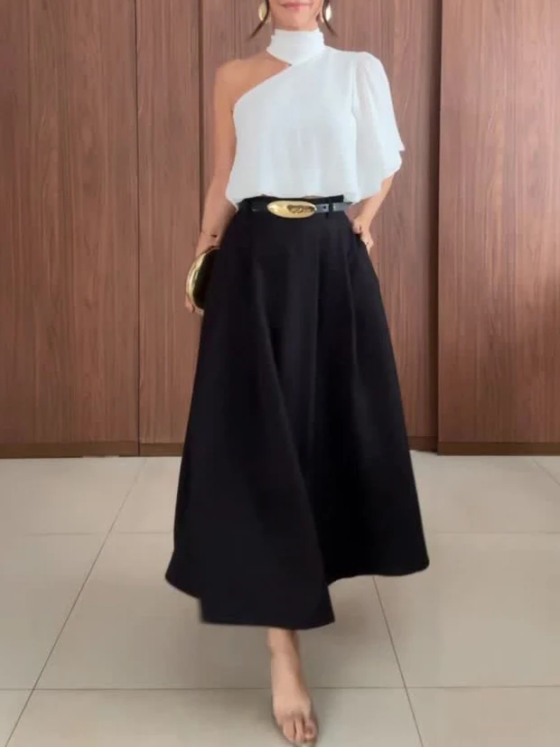 Elegant Asymmetrical Collar Shirt & Skirt Two-Piece Set