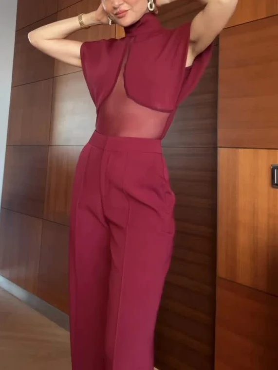Elegant High-Neck Mesh Panel Top & Slit Pants Two-Piece Set