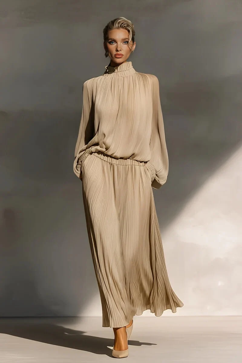 Modern Casual Chiffon Ruffle Top and Pleated Elastic-Waist Skirt Set