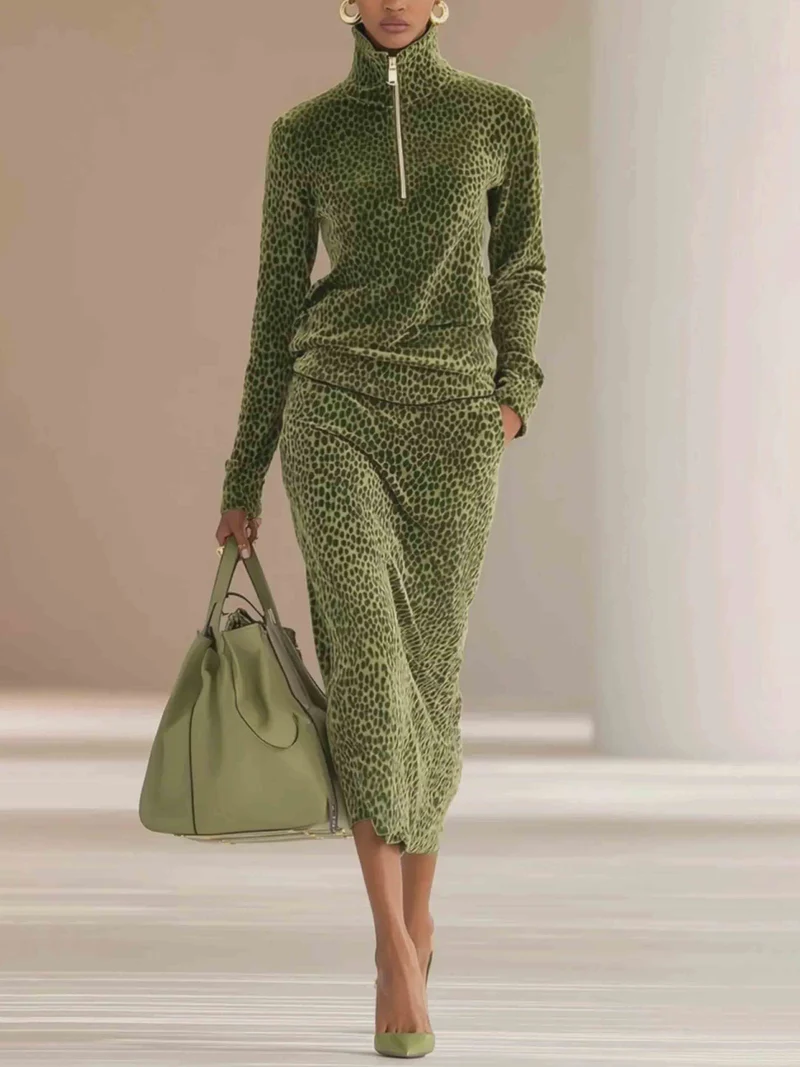 Casual Leopard-Texture Half-Zip Top & Midi Skirt Two-Piece Set