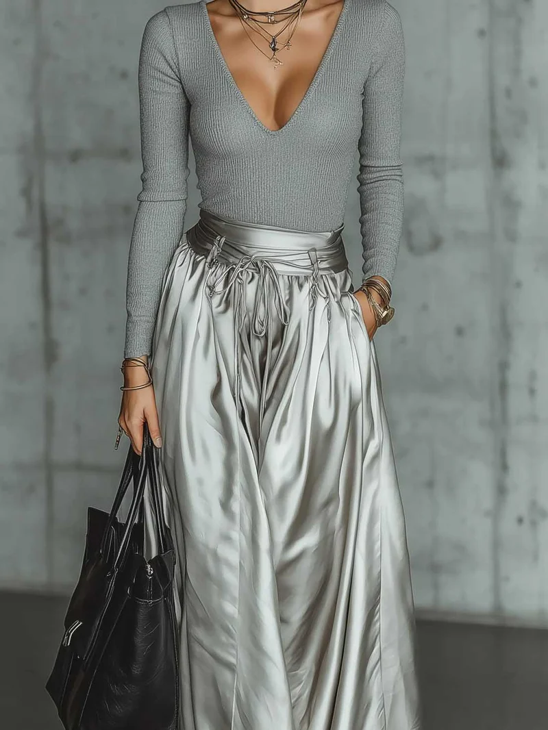Modern Ribbed Top & Metallic Maxi Skirt Set
