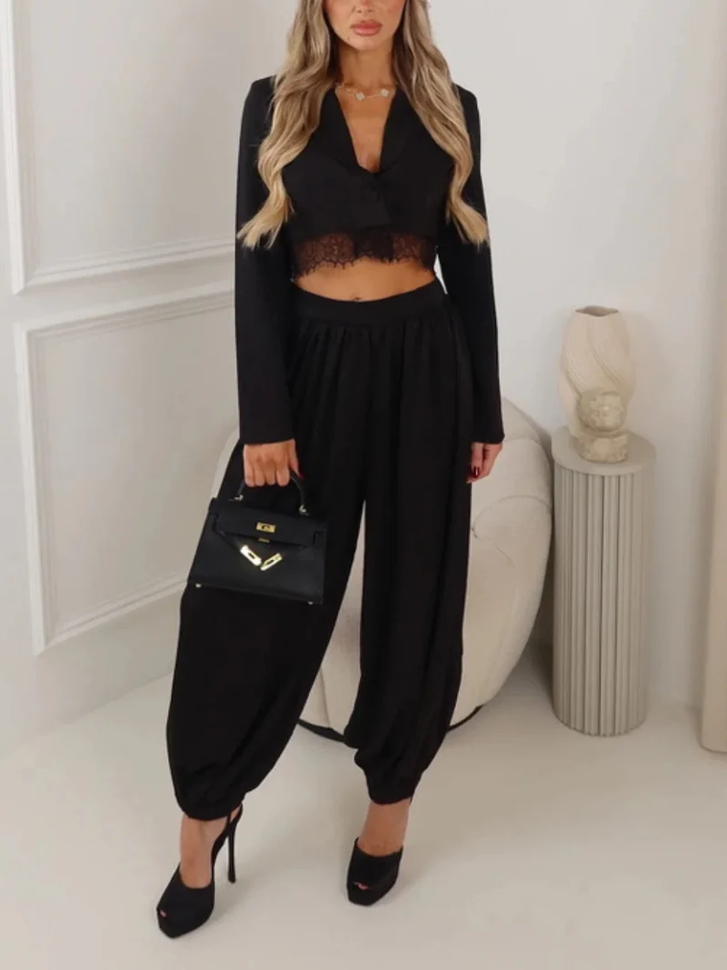 Elegant Cropped Blazer And Draped Harem Pants Two-Piece Set