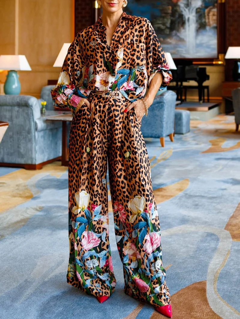 Unique Leopard Floral Print Elastic-Waist Wide-Leg Pants
