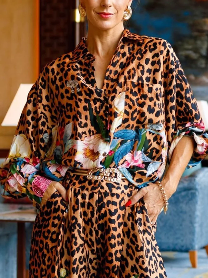 Unique Leopard Floral Print Elastic-Waist Wide-Leg Pants