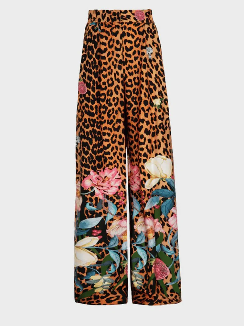 Unique Leopard Floral Print Elastic-Waist Wide-Leg Pants
