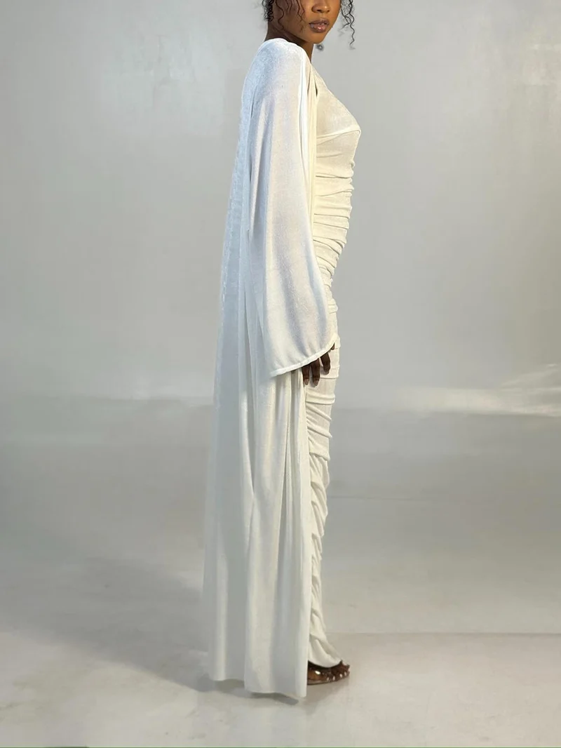 Elegant One-Shoulder Ruched White Maxi Dress with Long-Sleeve Cardigan Set