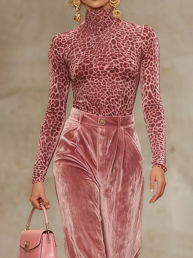 Casual Velvet Leopard Print T-Shirt And Wide-Leg Pants Two-Piece Set