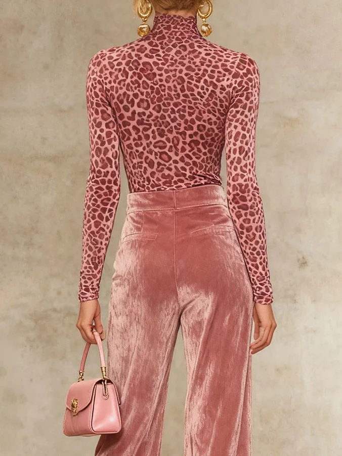 Casual Velvet Leopard Print T-Shirt And Wide-Leg Pants Two-Piece Set