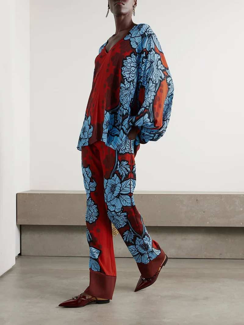 Unique Color-Block Floral Print Satin Piped Pocket Pants