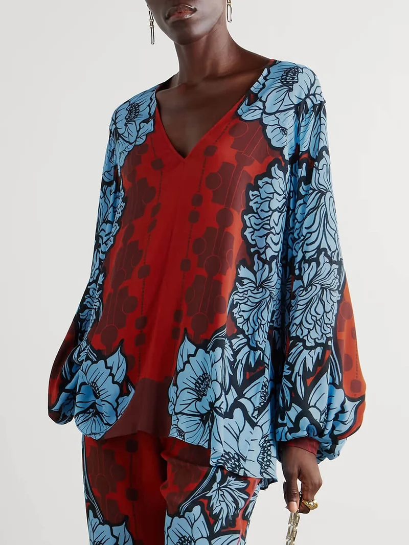 Unique Color-Block Floral Print Satin Piped Pocket Pants