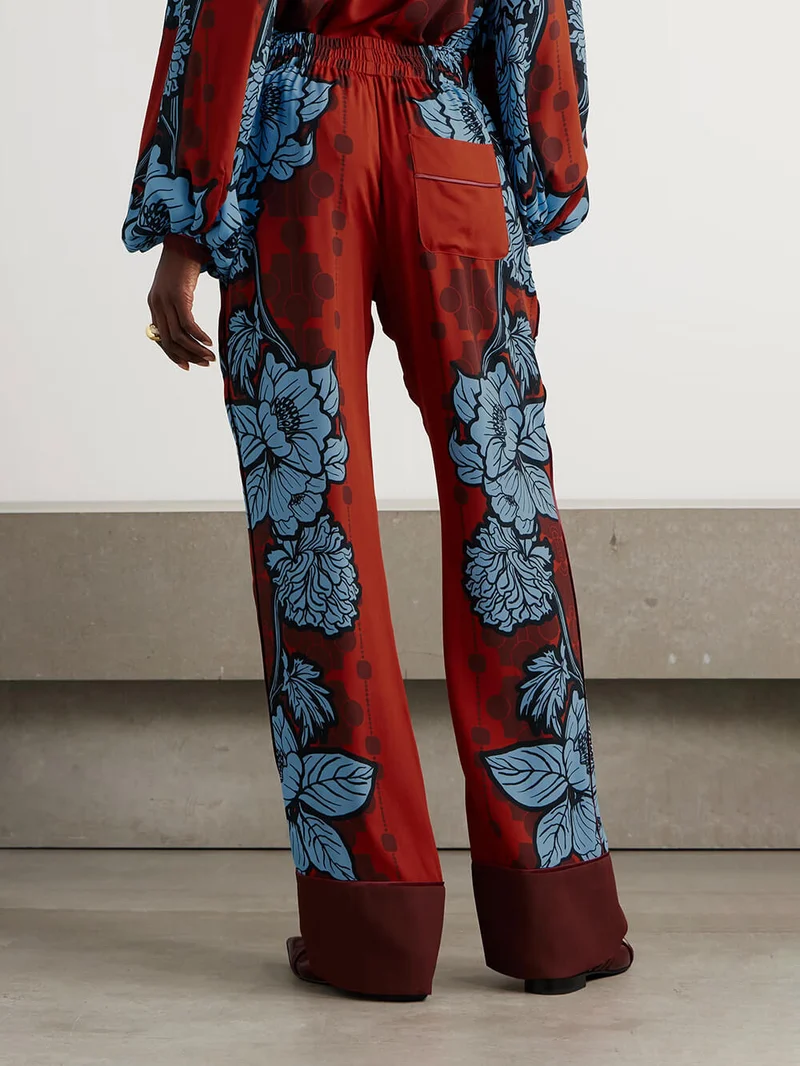 Unique Color-Block Floral Print Satin Piped Pocket Pants