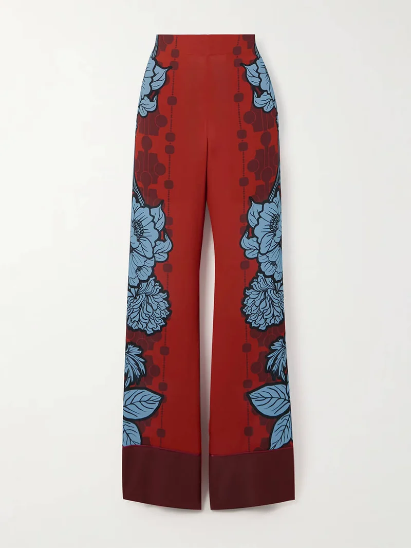 Unique Color-Block Floral Print Satin Piped Pocket Pants