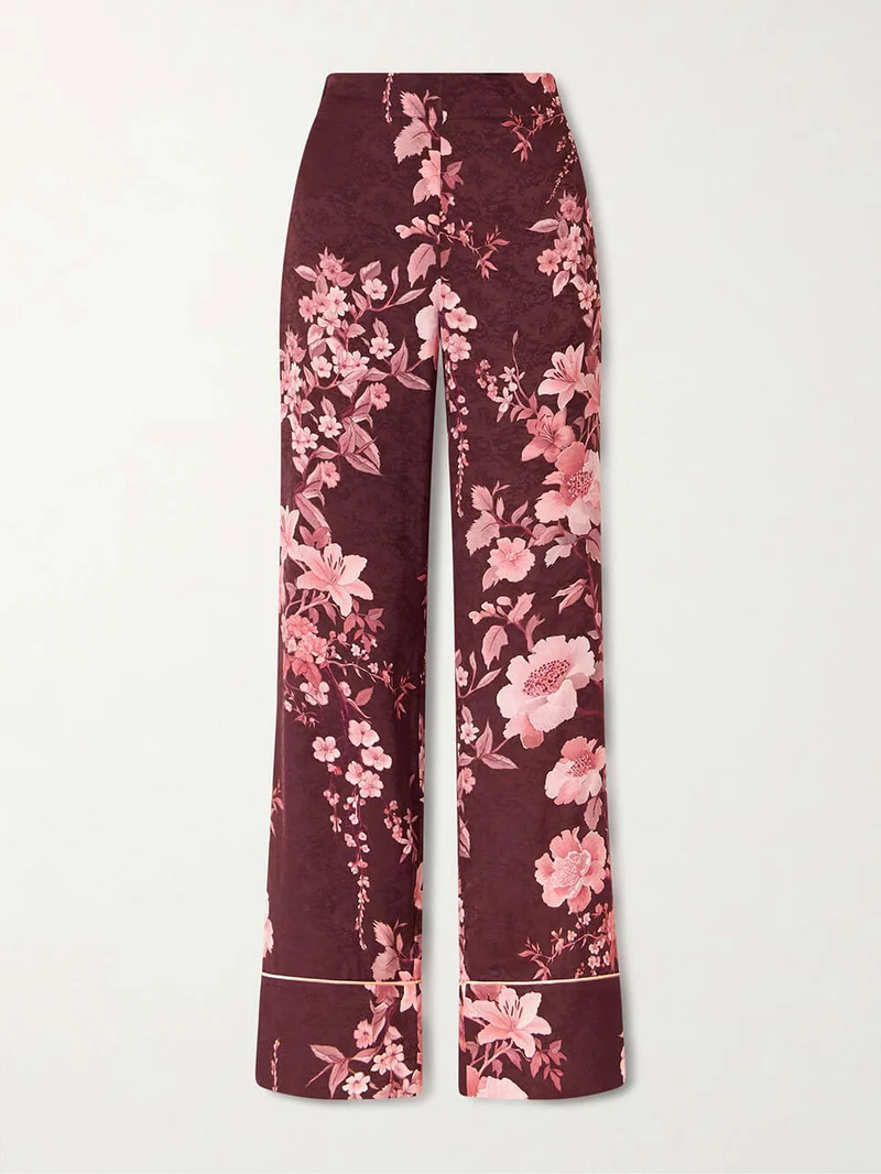 Exquisite Floral Print Satin Piped Straight-Leg Pants