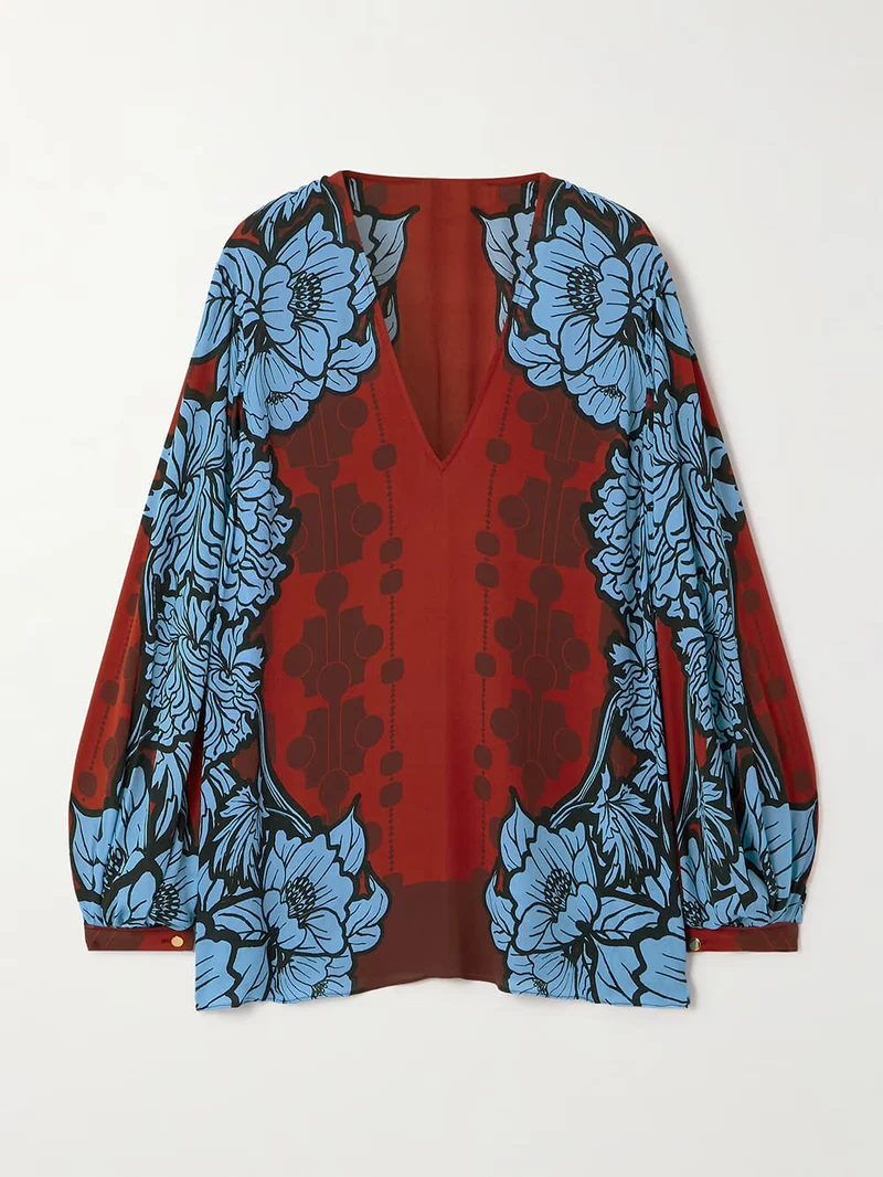 Unique Color-Block Print V-Neck Satin Loose Shirt