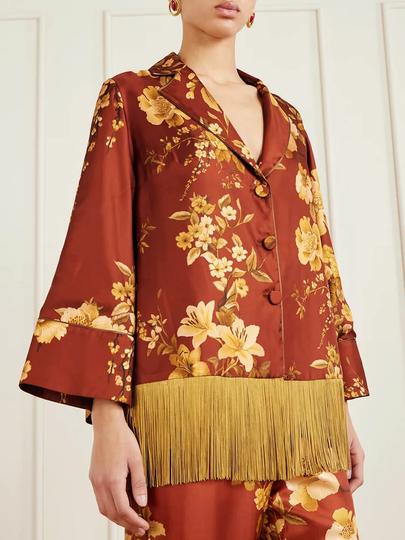 Exquisite Fringe Floral Print Satin Twill Relaxed Shirt