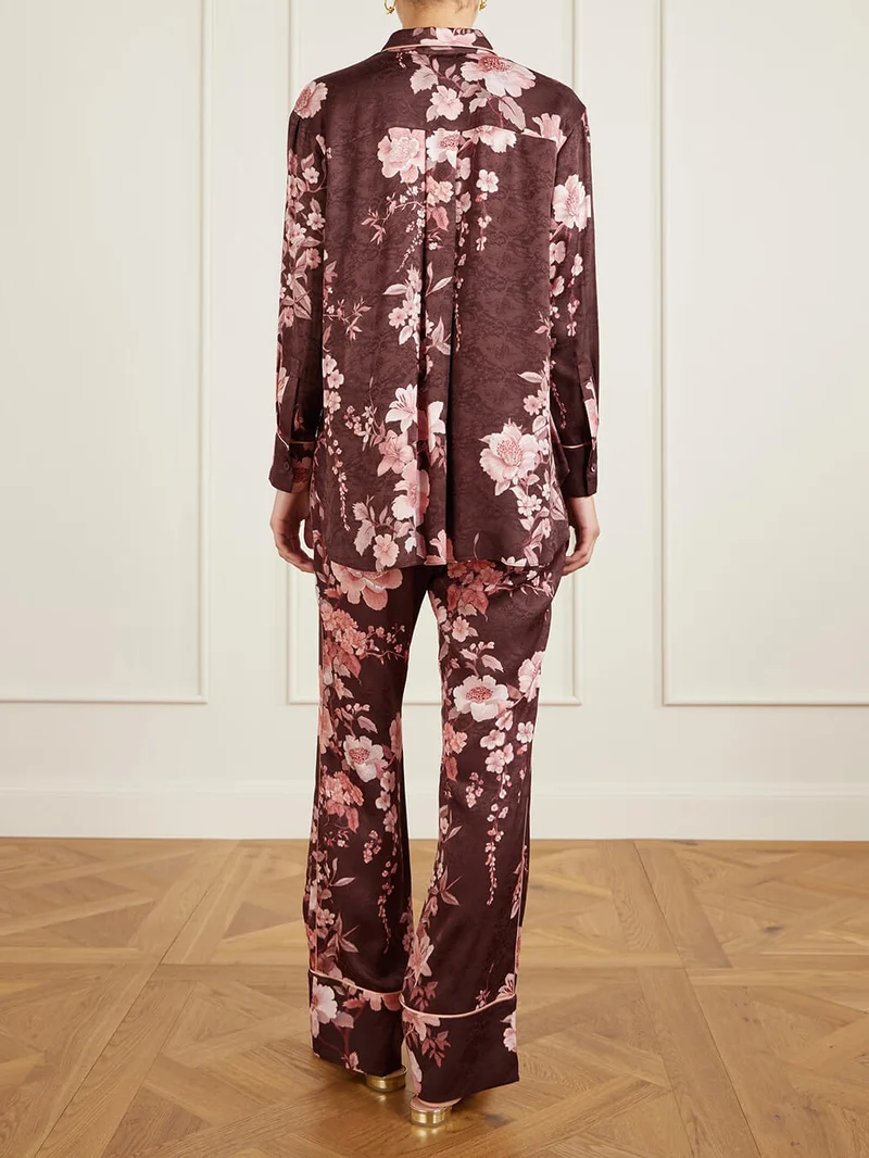 Exquisite Floral Print Satin Button-Up Shirt