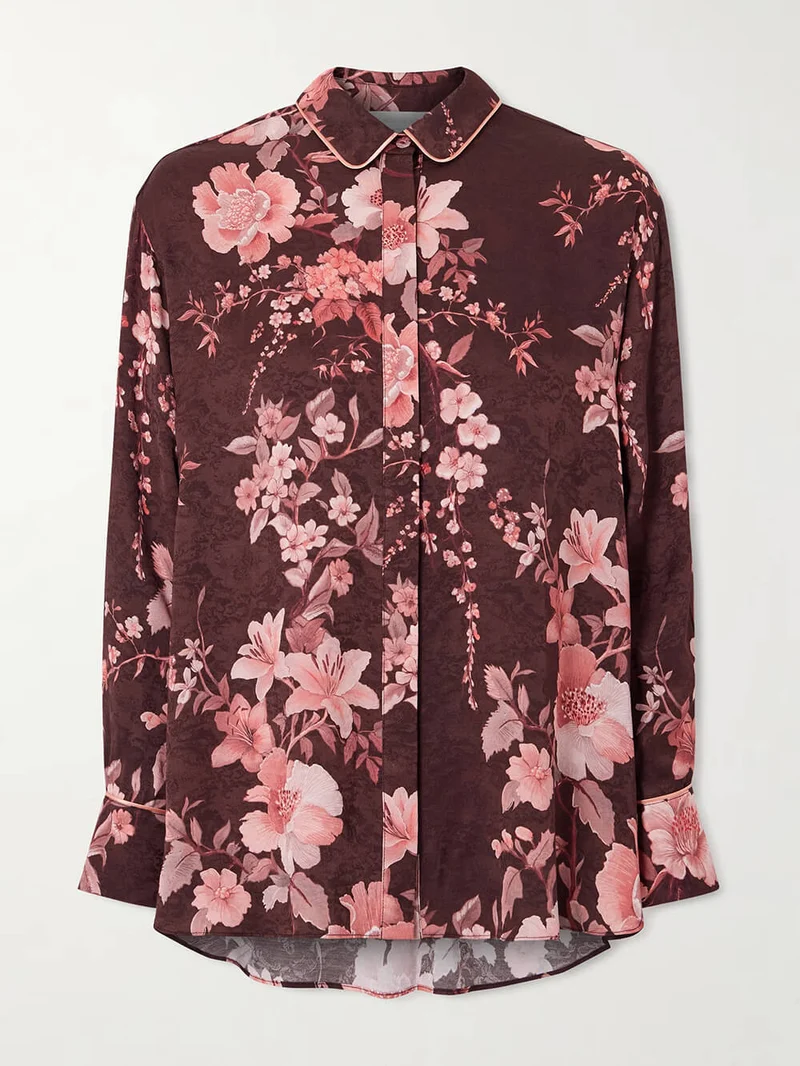 Exquisite Floral Print Satin Button-Up Shirt