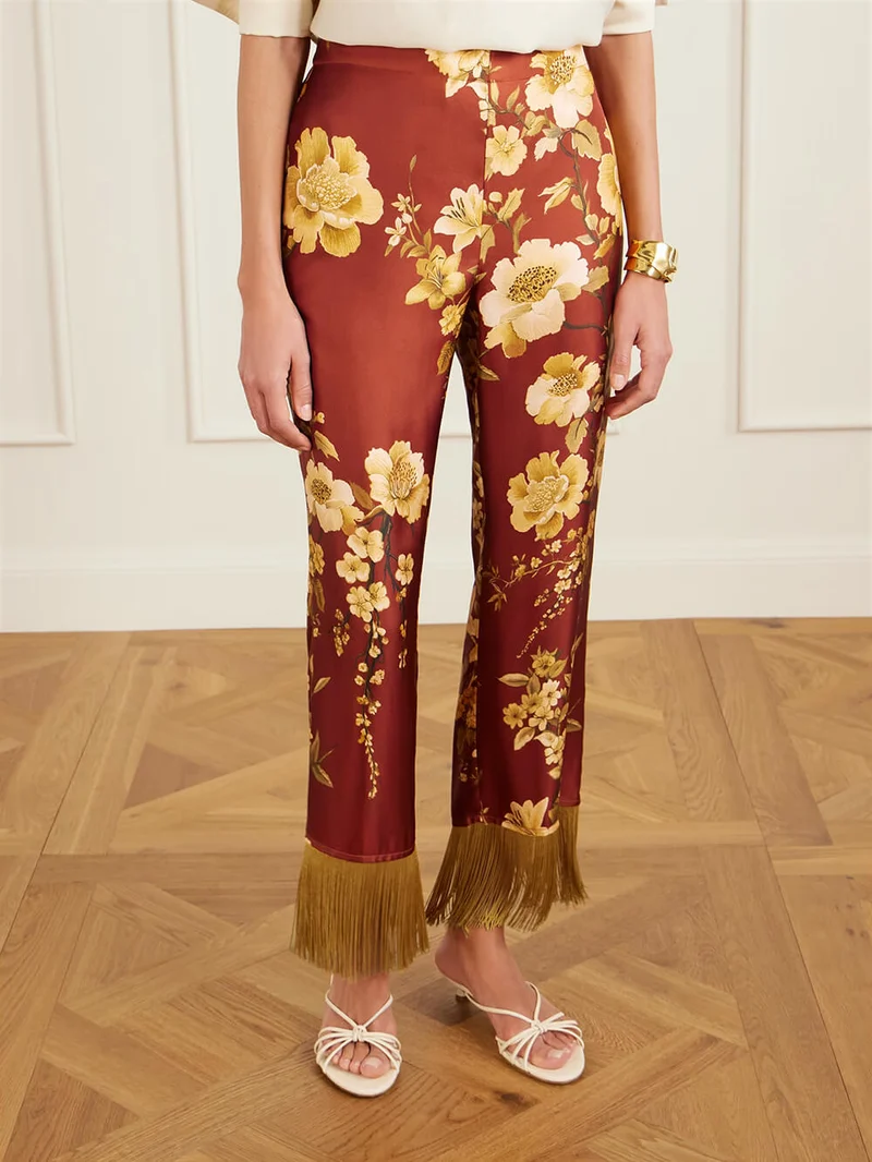 Exquisite Tassel Floral Print Satin Twill Wide-Leg Pants
