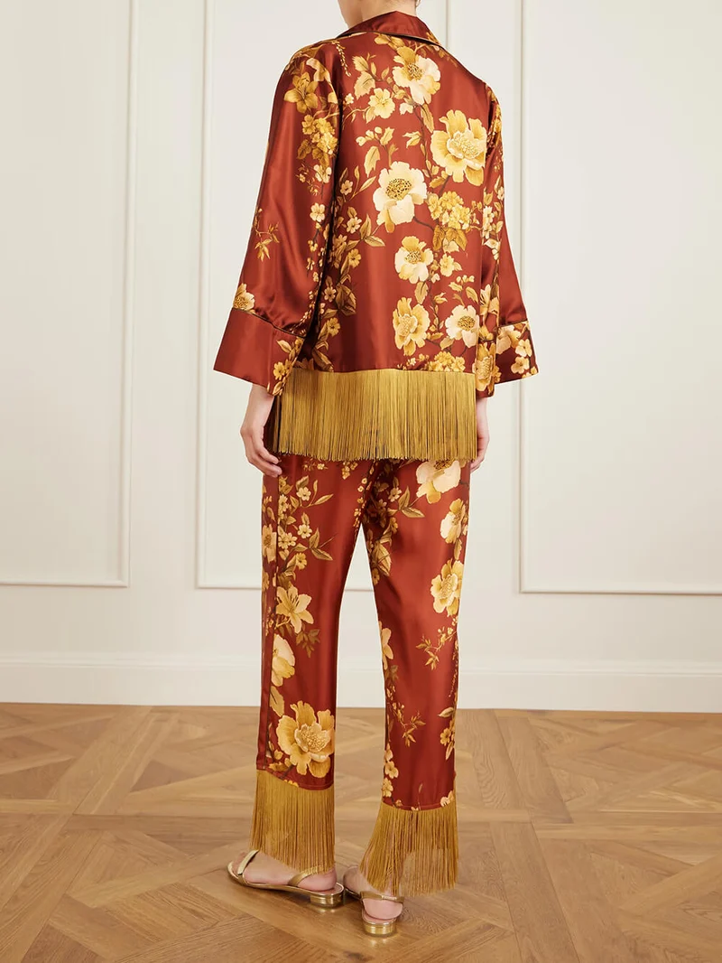 Exquisite Tassel Floral Print Satin Twill Wide-Leg Pants