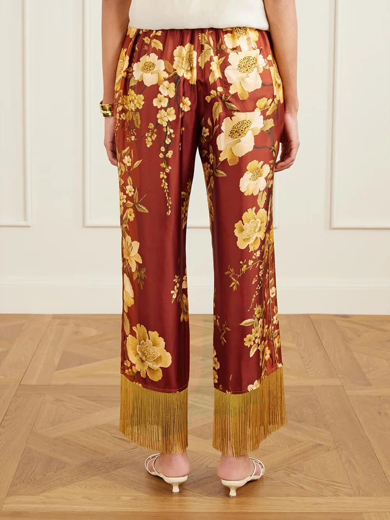 Exquisite Tassel Floral Print Satin Twill Wide-Leg Pants