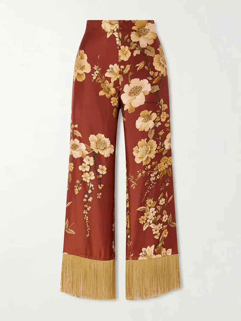 Exquisite Tassel Floral Print Satin Twill Wide-Leg Pants