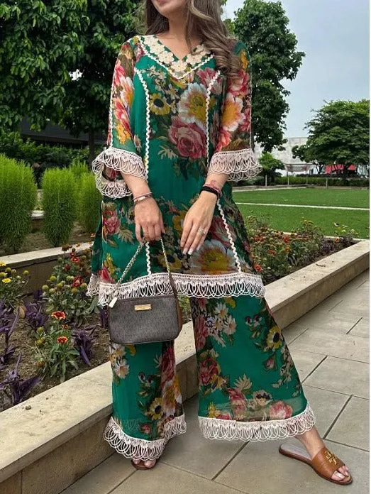 Elegant Floral Print Lace-Hem Wide-Leg Pants