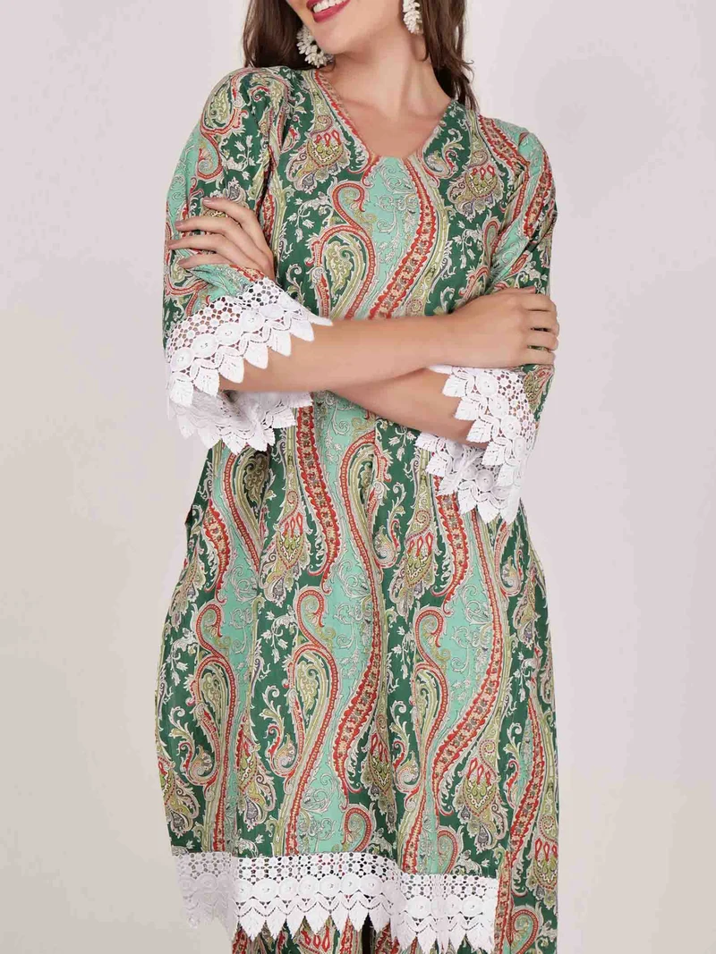 Elegant Paisley Print Lace-trimmed Long Shirt