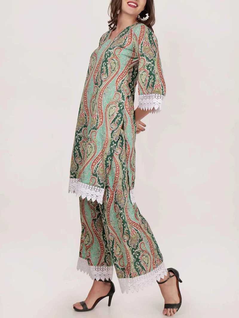 Elegant Paisley Print Lace-trimmed Long Shirt