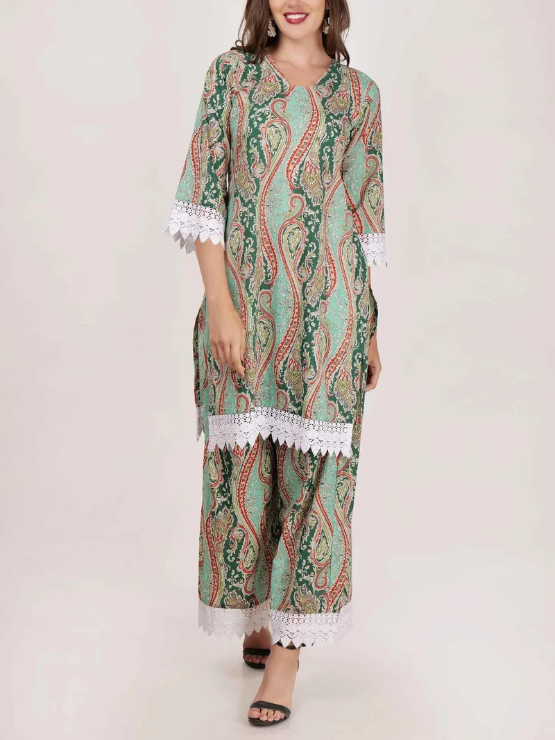 Elegant Paisley Print Lace-trimmed Wide-leg Pants