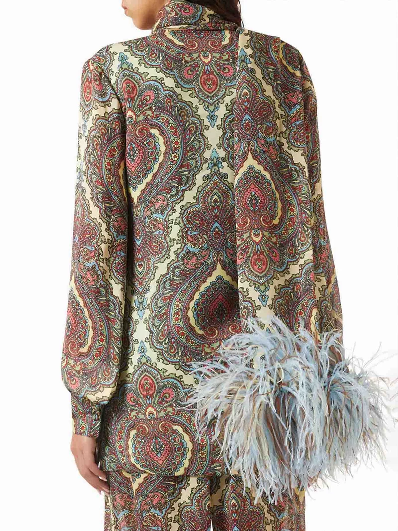 Retro Paisley Print Choker-Neck Shirt