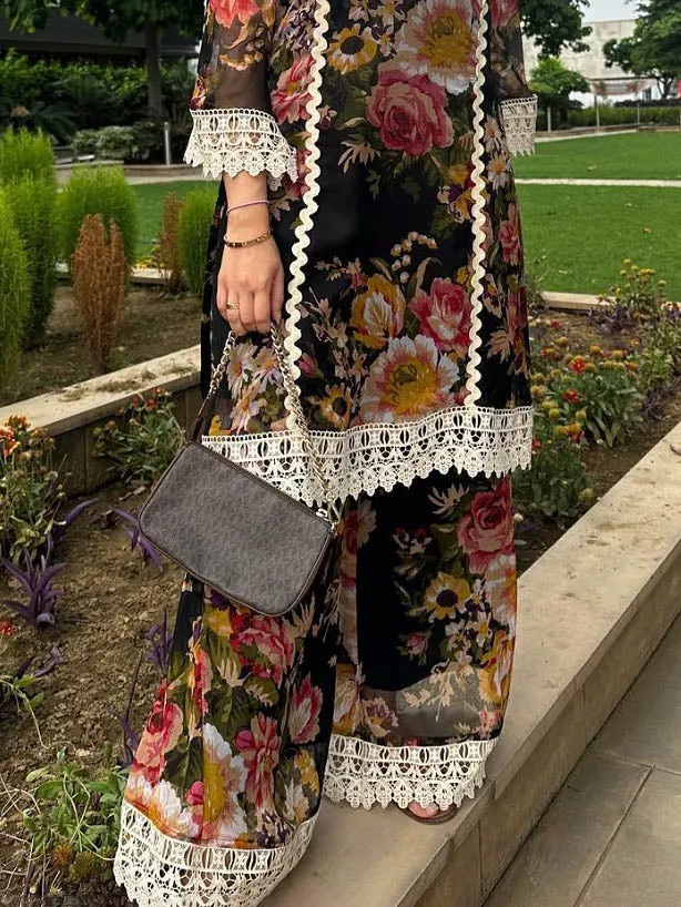 Elegant Floral Print Lace-Trim Long Shirt