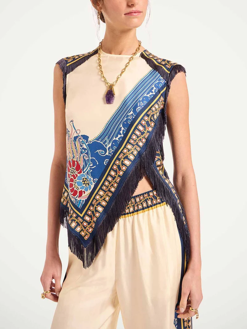 Elegant Bohemian Print Vest With Tassels Two-Piece Set
