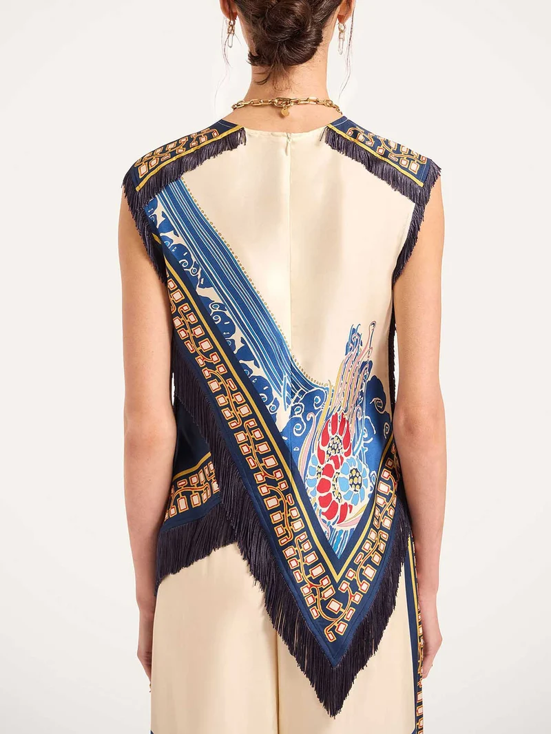 Elegant Bohemian Print Vest With Tassels Two-Piece Set
