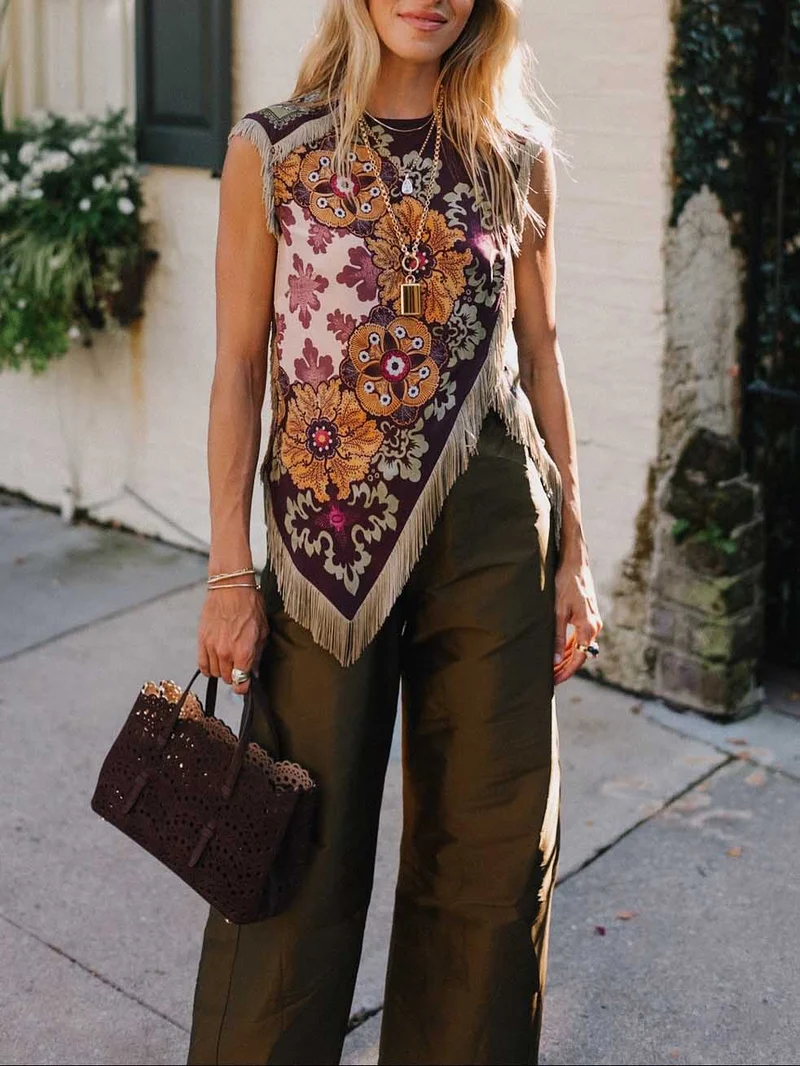 Unique Retro Floral Print Tassel Vest Two-Piece Set