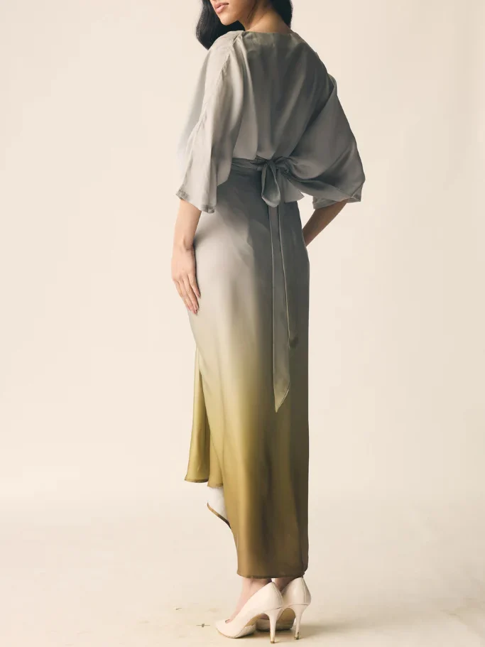 Elegant Gradient Draped Top And Pleated Long Skirt Two-piece Set