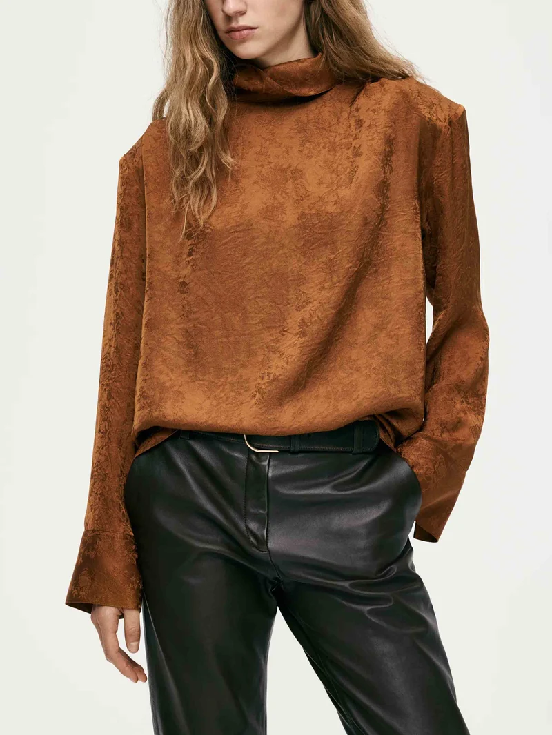 Elegant Satin High-Neck Blouse & Pants Two-Piece Set