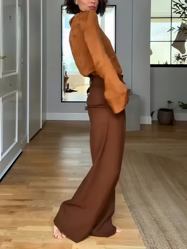 Elegant Satin High-Neck Blouse & Pants Two-Piece Set