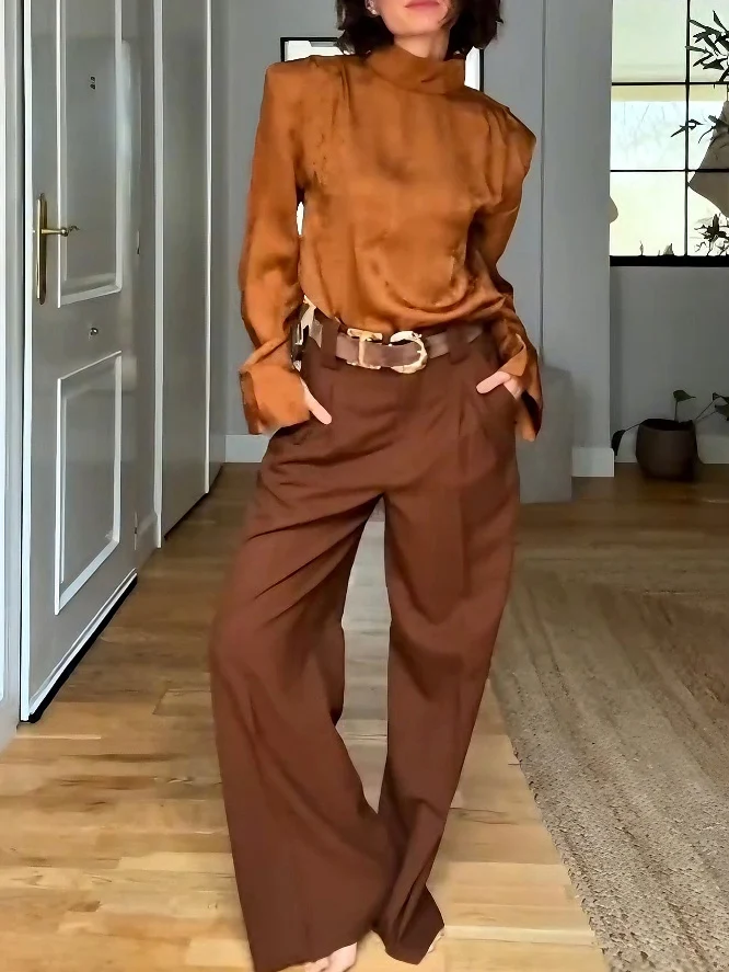 Elegant Satin High-Neck Blouse & Pants Two-Piece Set
