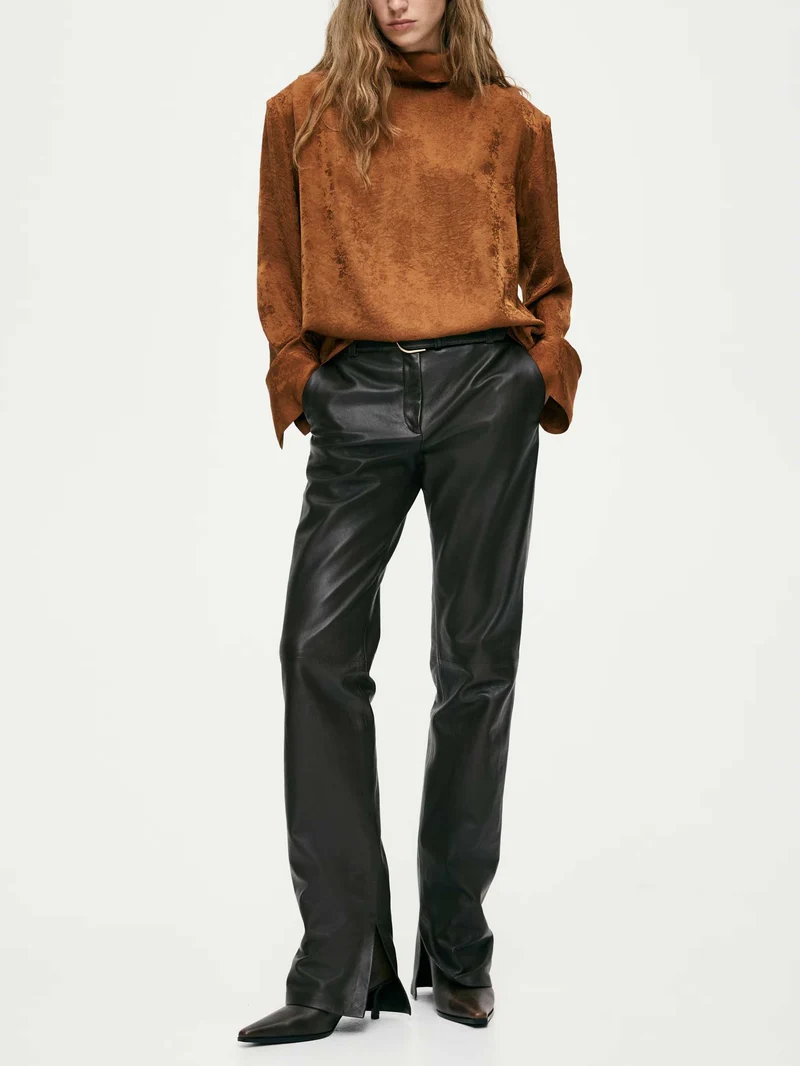 Elegant Satin High-Neck Long-Sleeve Blouse
