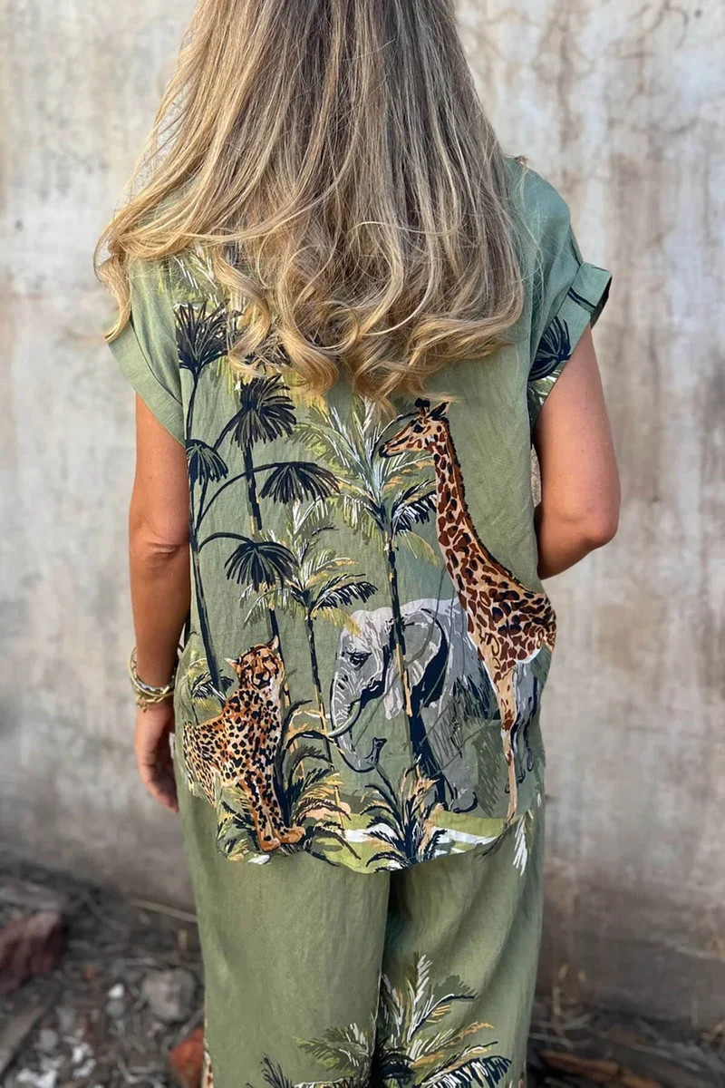 Unique Jungle Print Elastic Waist Pocket Wide-Leg Pants