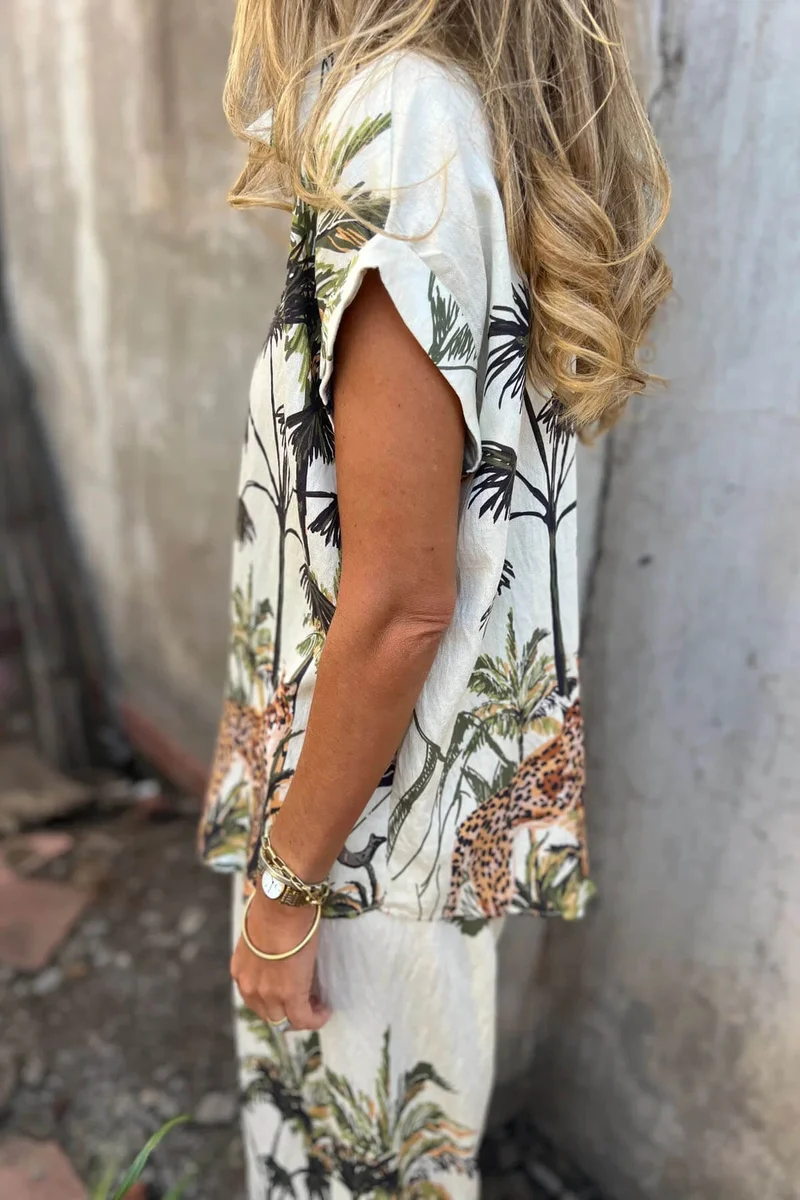 Unique Jungle Print Elastic Waist Pocket Wide-Leg Pants