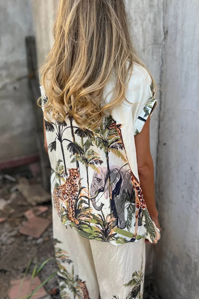 Unique Jungle Print Elastic Waist Pocket Wide-Leg Pants