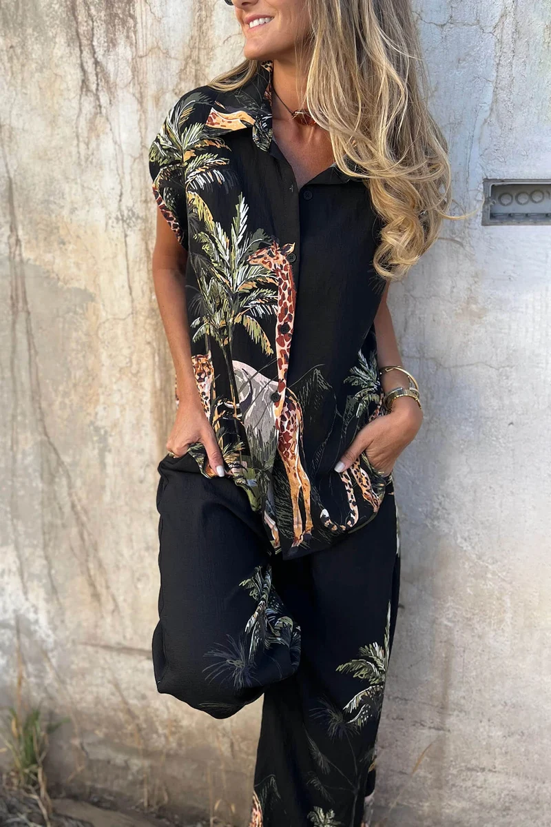 Unique Jungle Print Loose Button-Down Shirt