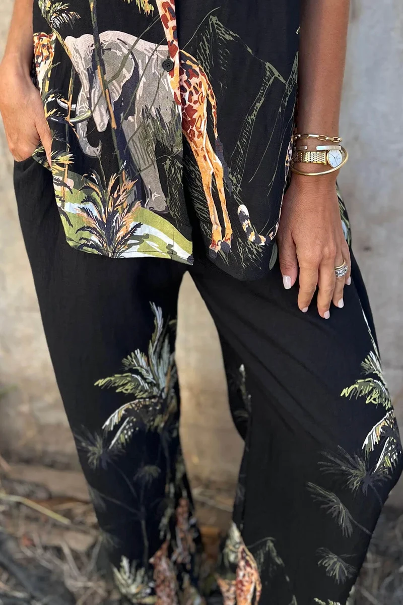 Unique Jungle Print Loose Button-Down Shirt