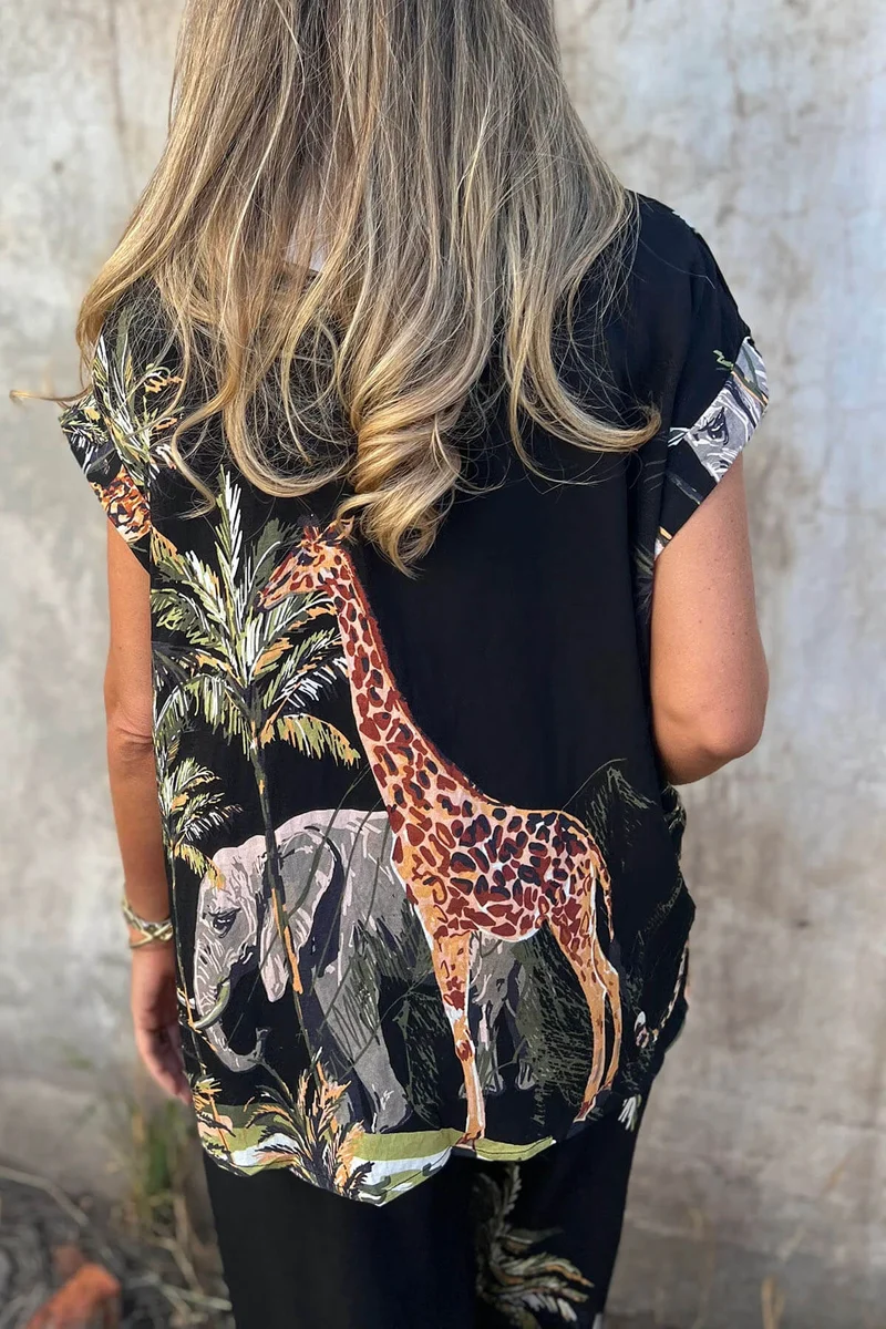 Unique Jungle Print Loose Button-Down Shirt