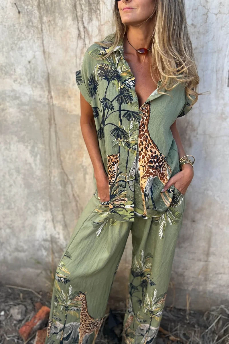 Unique Jungle Print Loose Button-Down Shirt