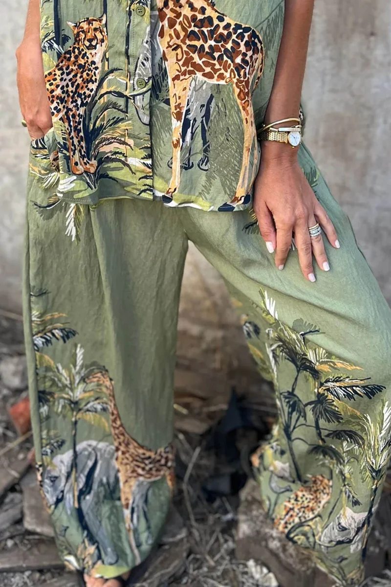 Unique Jungle Print Loose Button-Down Shirt