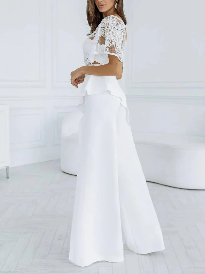 Elegant One-shoulder Lace Shawl Slit Pants Wide-leg Two-piece Set