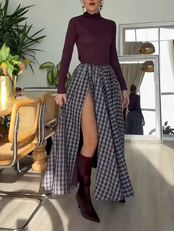 Elegant Plaid High-slit Maxi Skirt Two-piece Set