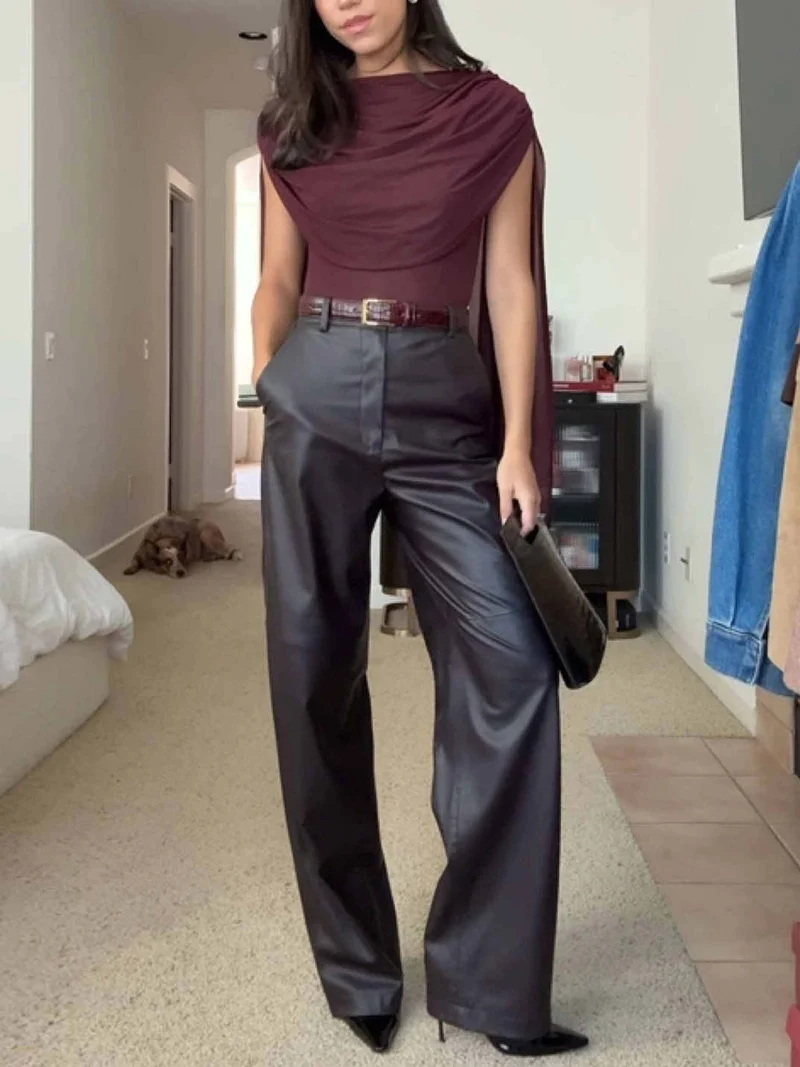 Elegant Draped Top And Wide-leg Faux Leather Pants Two-piece Set